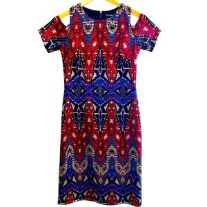Maggy London medallion cap sleeve keyhole Colorful jewel tones sheath dress Sz 4